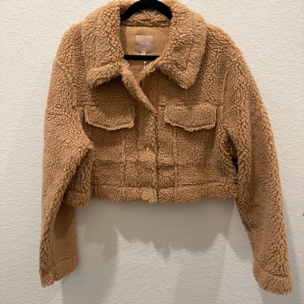 Love Tree Womens Brown Faux Fur Sherpa Teddy Cropped Trucker Jacket Large NWT